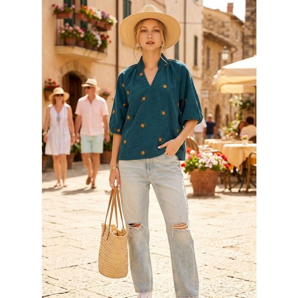NWT Umgee Teal Corduroy Puff-Sleeve Blouse with Orange Floral Embroidery - Picture 3 of 7